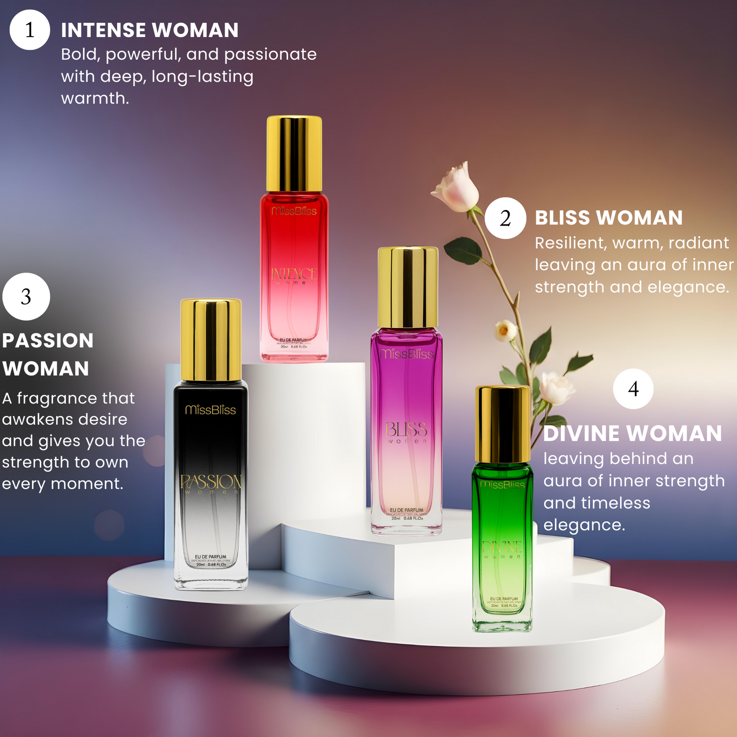 Luxury Perfume Gift Set For Women - 4 x 20ml ( Intence + Divine + Passion + Bliss )