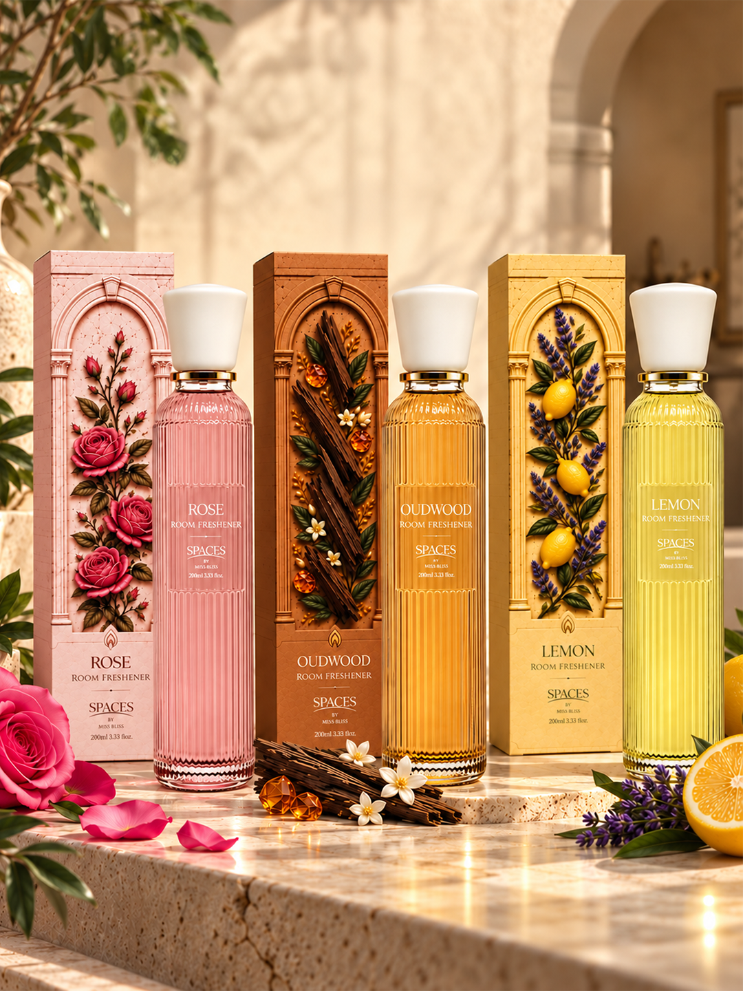 Rose, Oudwood & Lemon Room Freshener Trio | Home Fragrance Spray Set